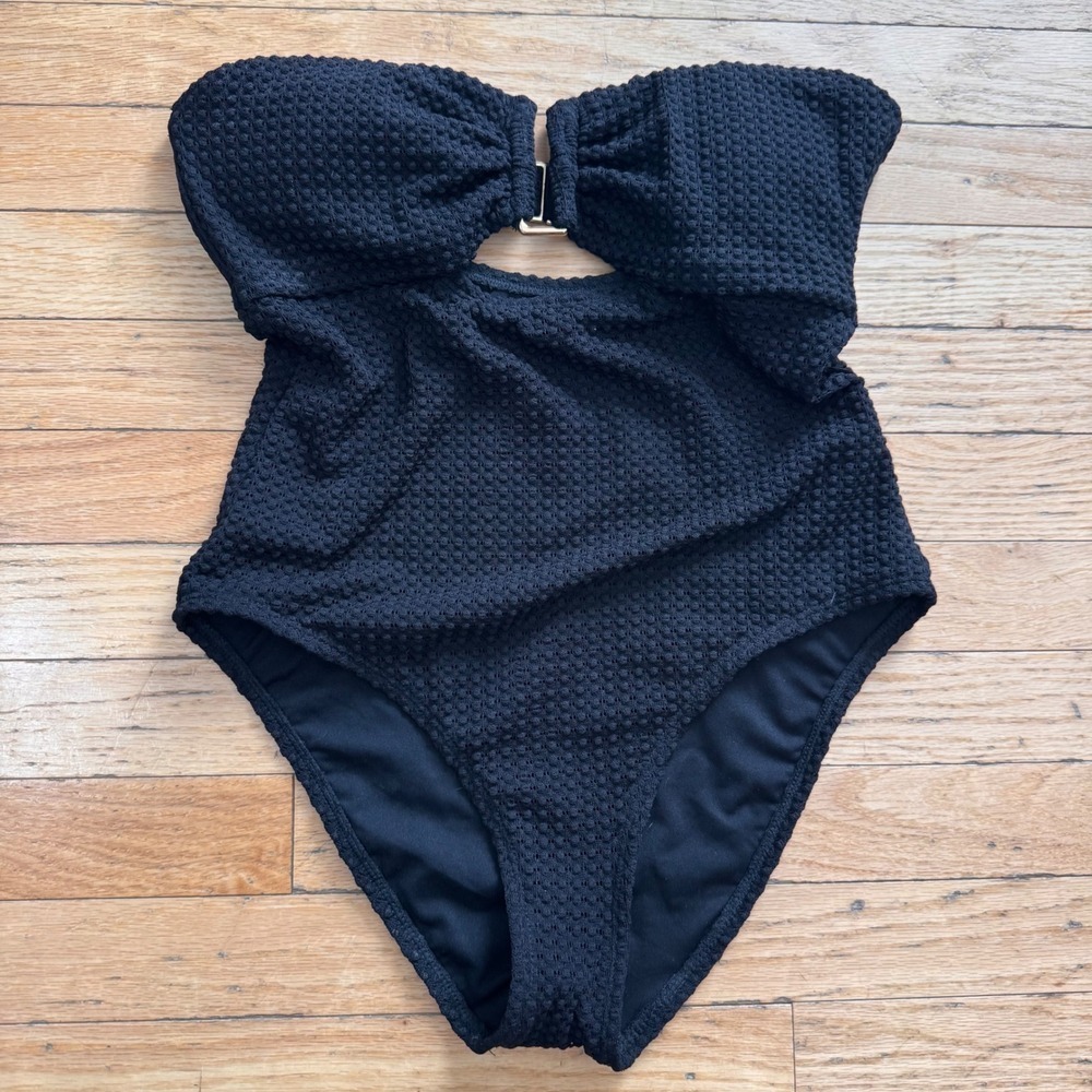 Shade & Shore Women Black Textured Bandeau One Piece Swimsuit Cutout Size M 8-10